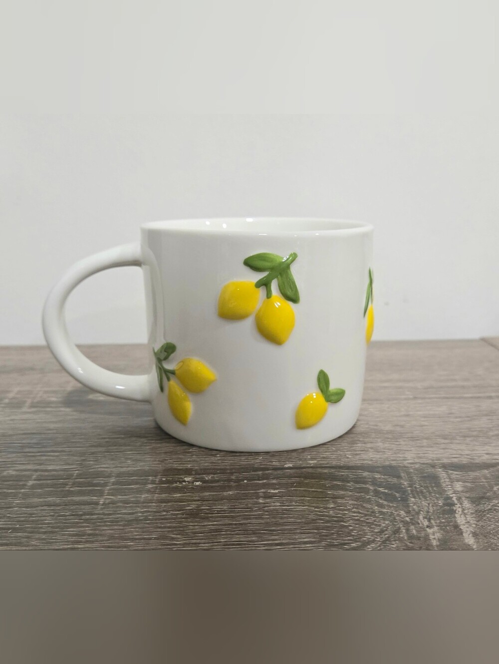 White Coffee Mug Raised, 3-D Sculpted Lemon and Green Leaf Pattern 3.5"